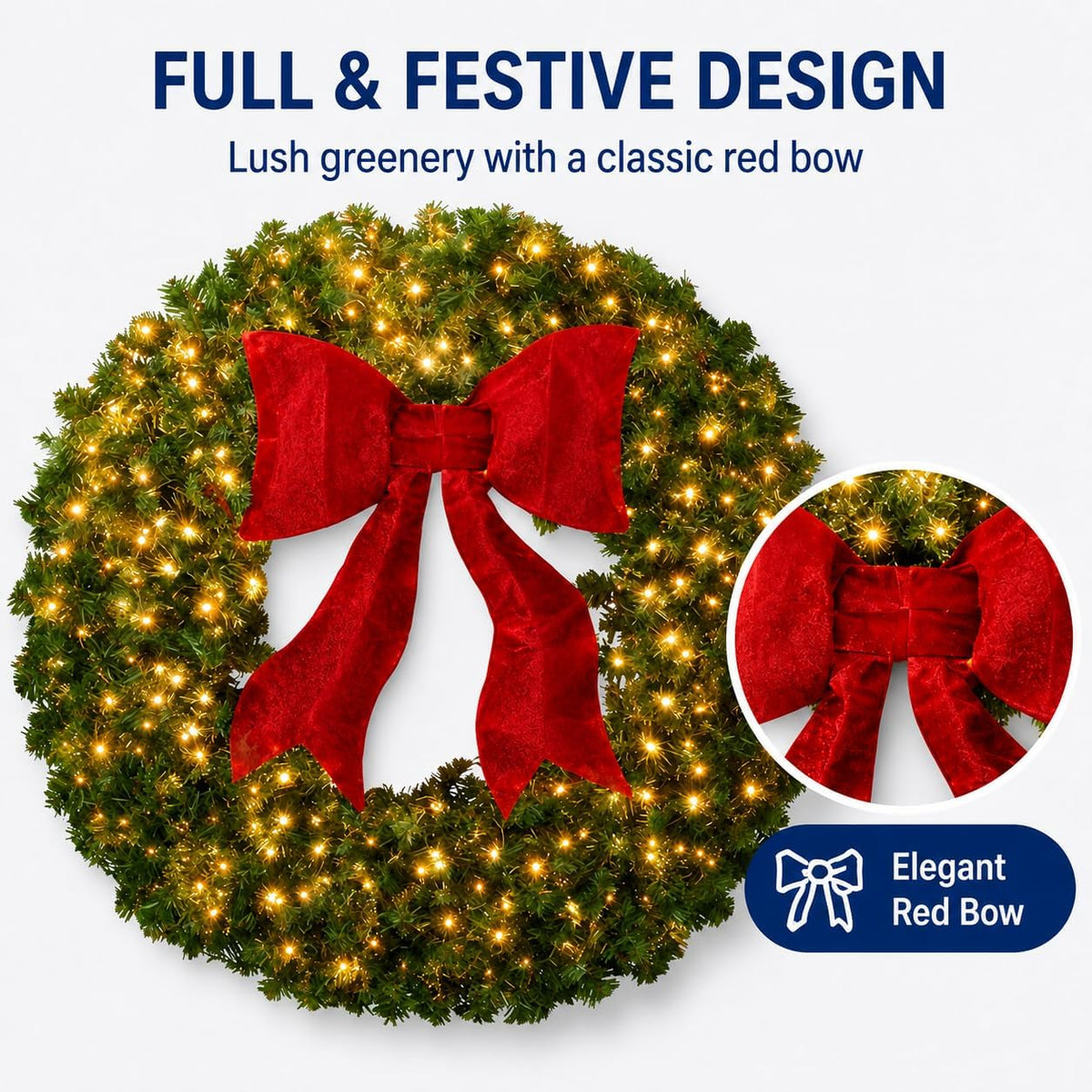 36in Large Pre-Lit Christmas Wreath with Bow, Artificial Greenery