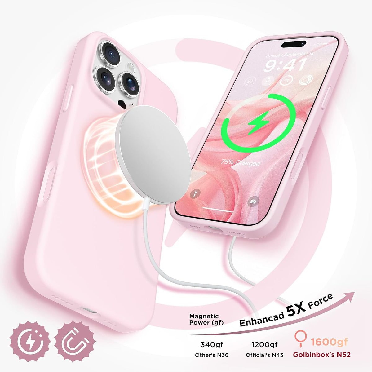 GolbinBox Magnetic for iPhone 16 Pro Max Case, Silicone Cover, Chalk Pink