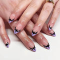 Halloween Long Stiletto Press on Nails Glossy Purple Glitter Acrylic False Nails 24Pcs Sparkly Fake Nail Black Bats Gel Glue on Nail French Tips Stick on Fingernails for Coquette Women Girls