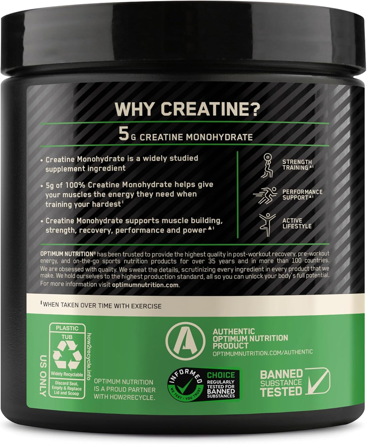 Optimum Nutrition Creatine, Micronized Creatine Monohydrate Powder, Supports Strength & Recovery, Banned Substance Tested, Unflavored, 5g per Serving, 60 Servings