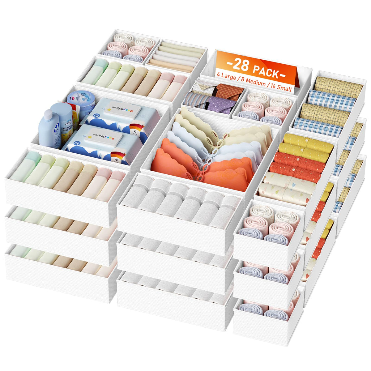 DIMJ Drawer Organizer Clothes, 12 Pack Dresser Organizer, Foldable Closet Organizers and Storage, Fabric Dresser Bins, Drawer Dividers for Nursery, Baby Clothes, Underwears, Sock (Beige)