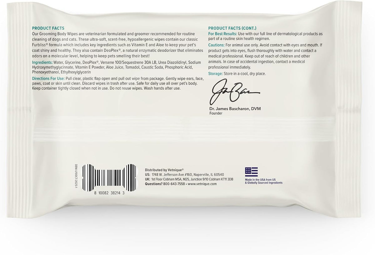 Vetnique Furbliss/Dermabliss Pet Wipes for Dogs & Cats for Grooming, Cleansing & Deodorizing, Thick Dog Wipes for Convenient Dog Cleaning with Natural Deodorizer, 100ct (NEW Unscented)