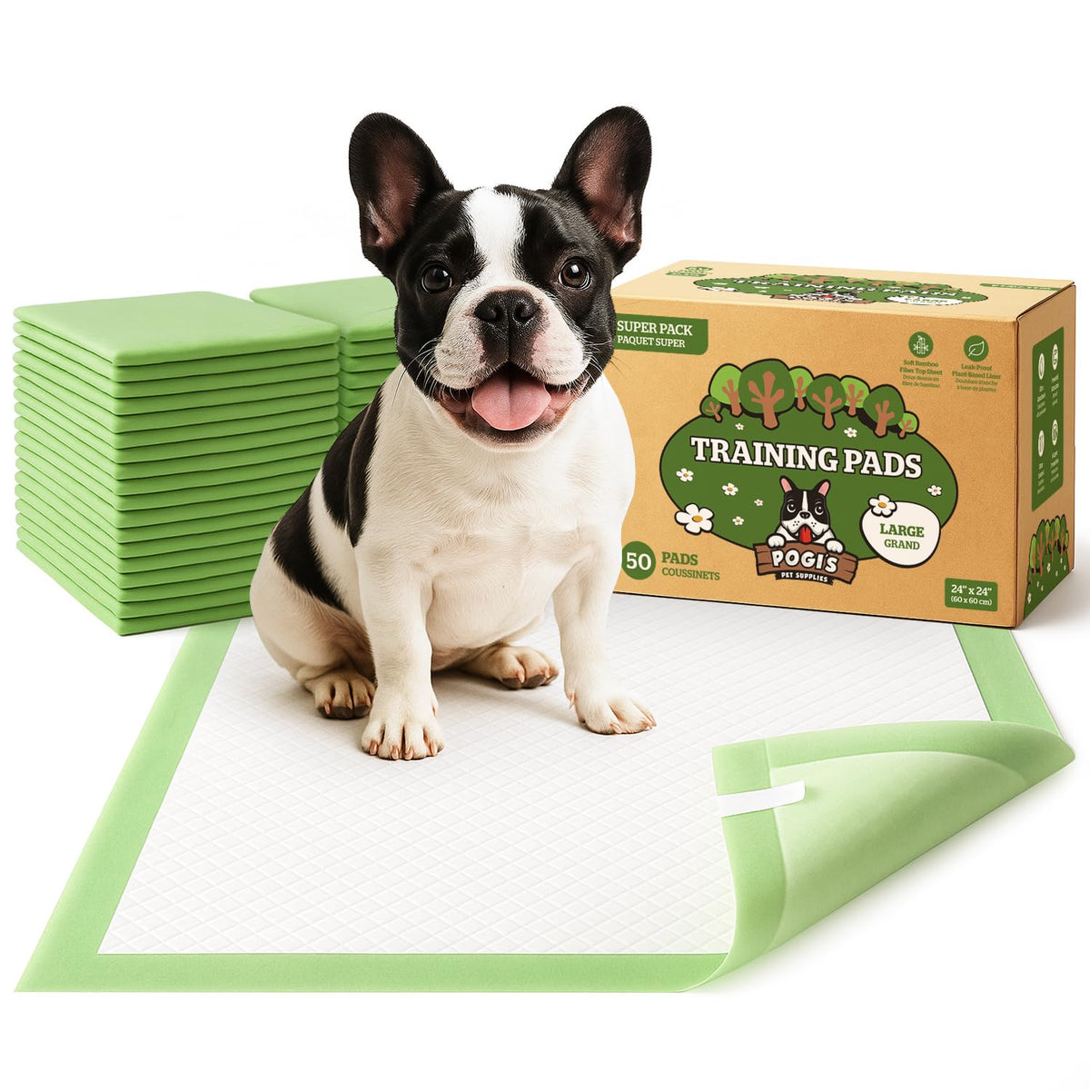 Pogi’s Puppy Pads with Sticky Tabs – Medium, Super Absorbent, Odor Blocking, 40-Count (18x24in)