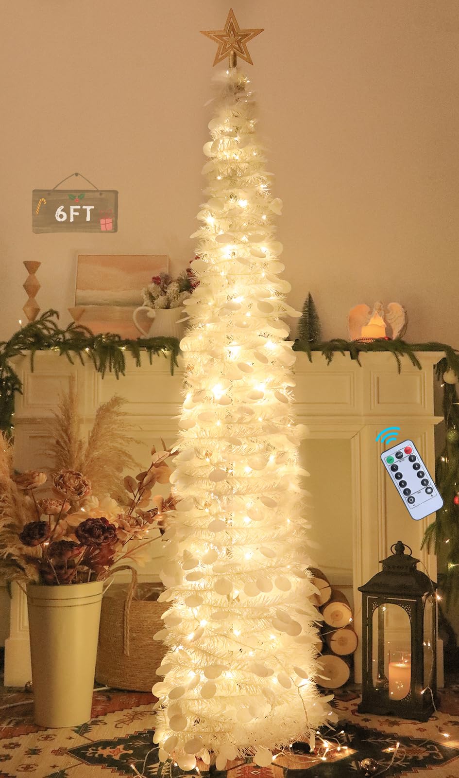 HMASYO 6 FT Pop Up Christmas Tree with 100 LED Timer Lights & Remote, Green Christmas Tinsel Tree, Collapsible Artificial Pencil Tree for Home Office Party Decor, USB Powered, Easy Assembly