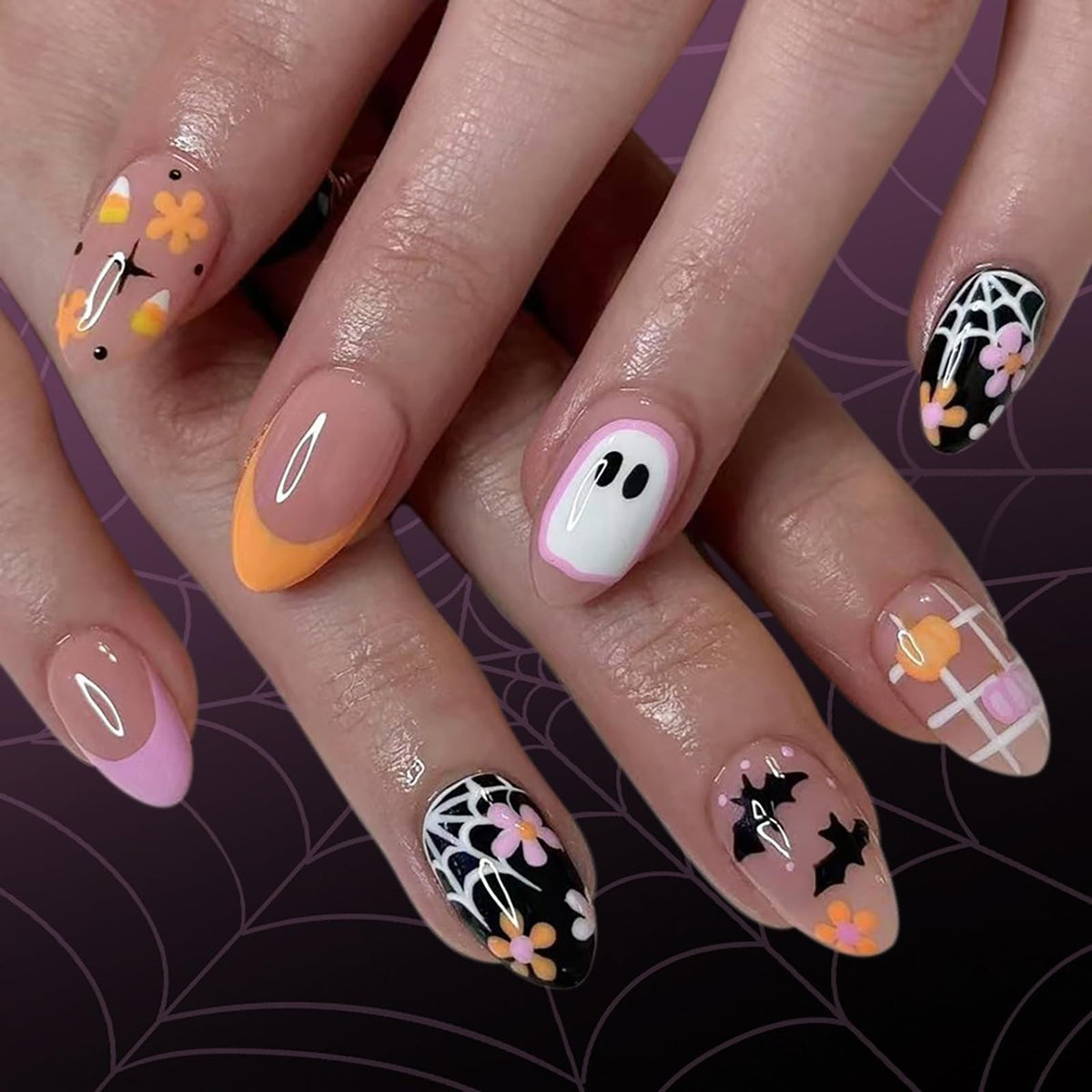 Halloween Press on Nails Medium Almond MABKJLF Fake Nails Glow in The Dark Full Cover Nightmare Christmas False Nails Glossy Glue on Nails Artificial Acrylic Nails for Women Girls 24 Pcs
