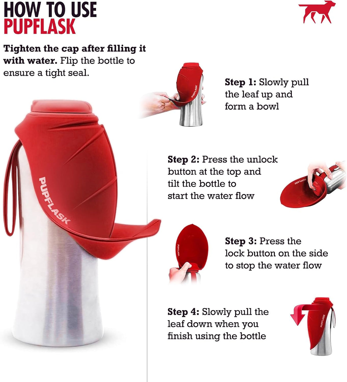 PupFlask Large Dog Water Bottle | 27 or 40 OZ Stainless Steel | Convenient Dog Drink Dispenser | Puppy Travel Water Bowl | Portable Pet Hydration Bottle | Leak Proof | Perfect Size For All Breeds