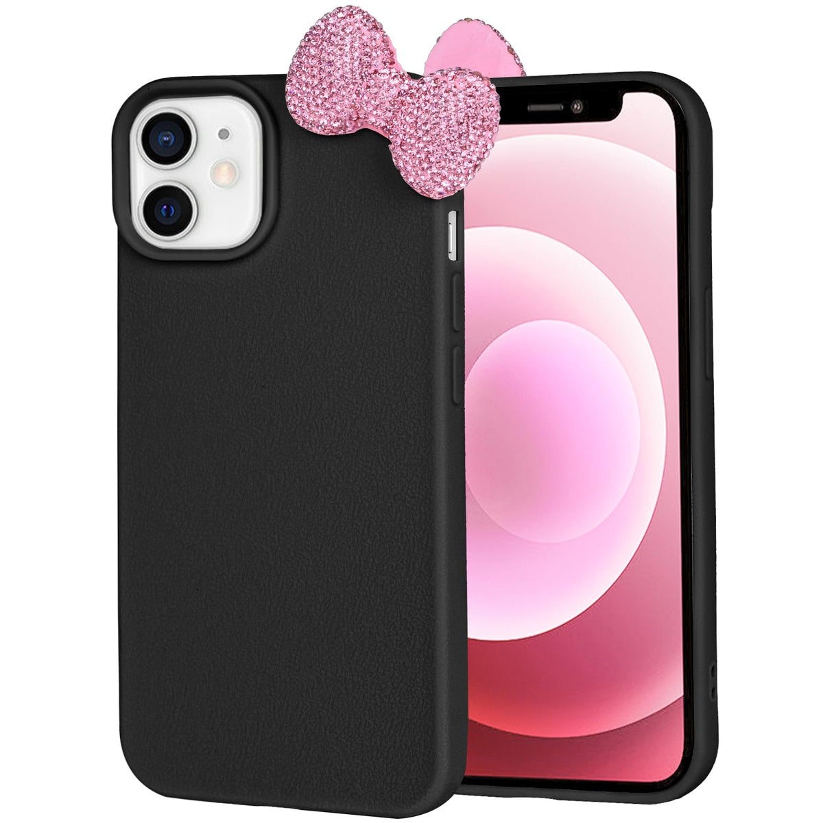 Cases for iPhone 13, Luxury Glitter 3D Rhinestone Bow Phone Cover Soft Litchi Pattern Protective Phone Case for iPhone 13 6.1" 2021