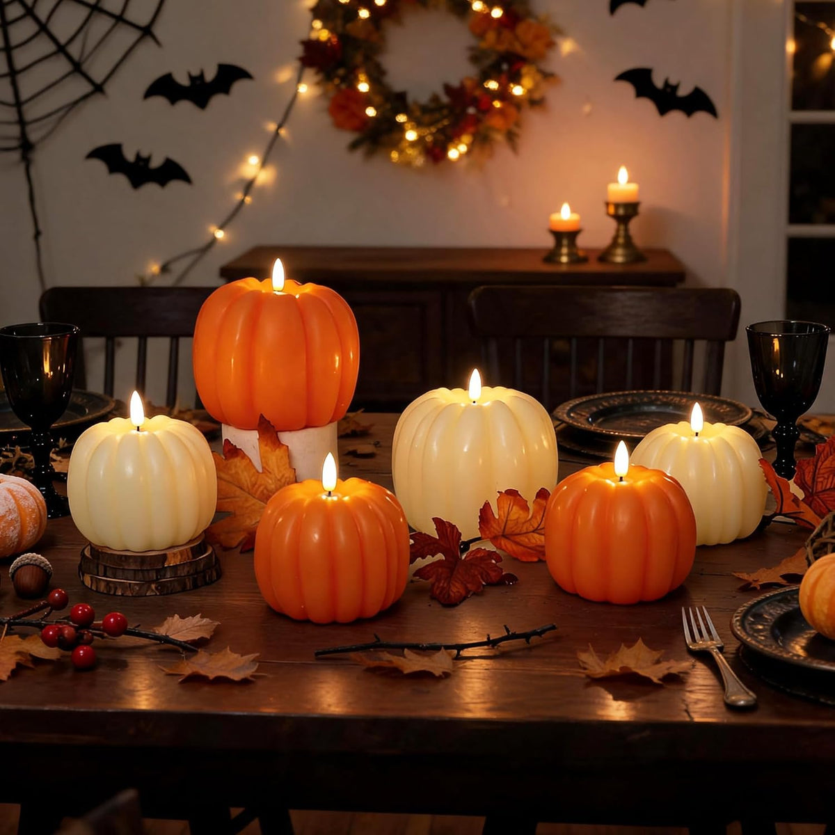 Fall Decor Pumpkin Flameless Candles Remote LED Candles Orange Set of 2