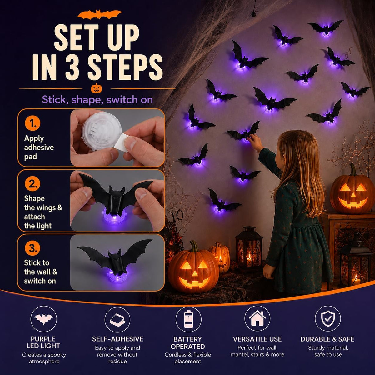 Spooky Glow 3D LED Bat Wall Decor, Hanging Bat for Halloween Decoration, 12
