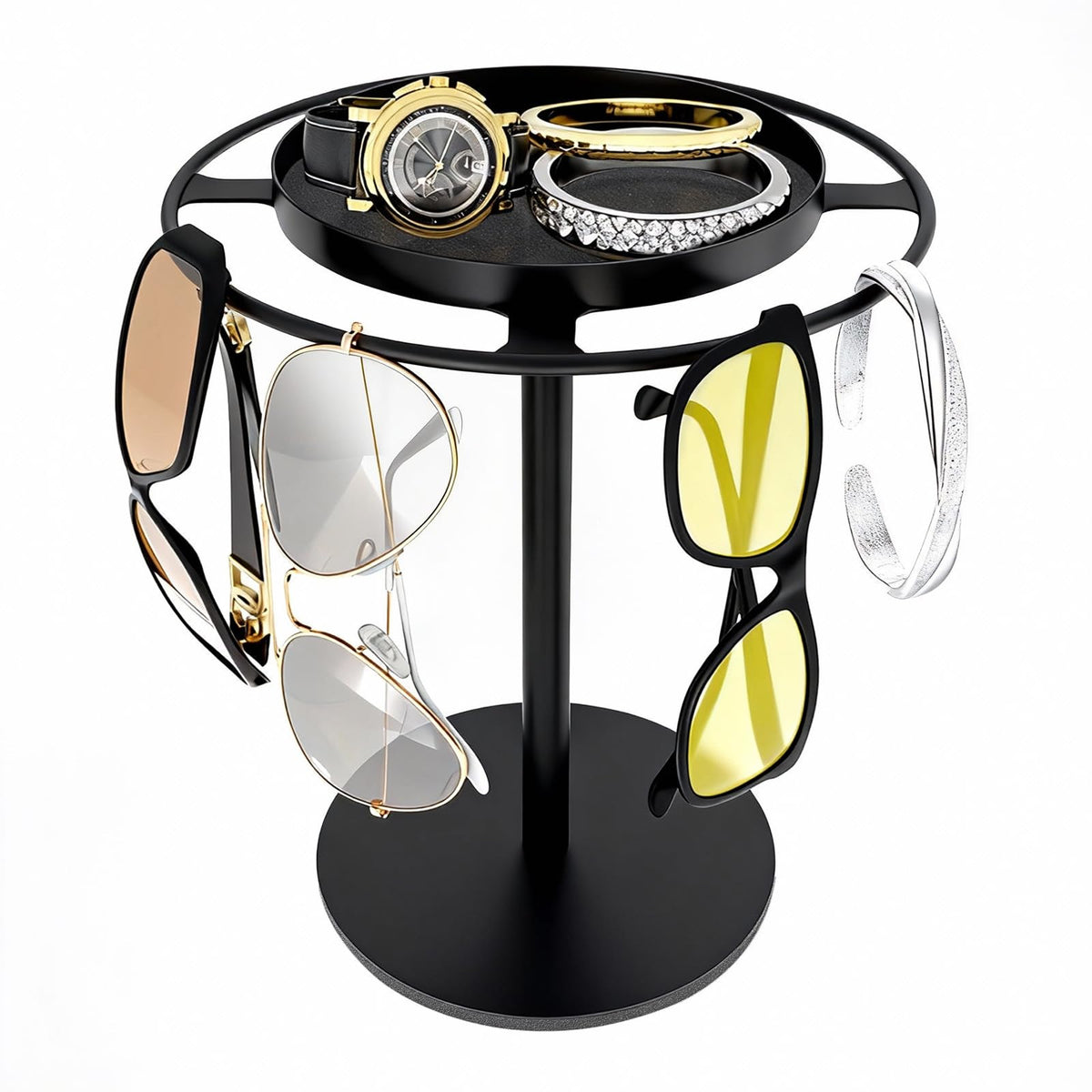 LSK Metal Sunglasses Organizer, Glasses Holder Stand with Storgae Tray, Eyeglasses Holder with Anti-Slip Pads for Tabletop, Desk, Dresser, Gold