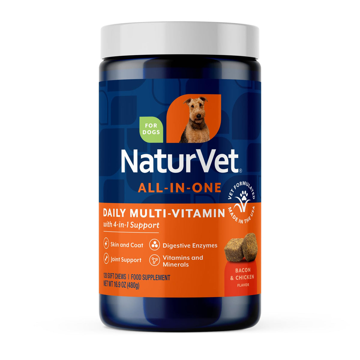 NaturVet All-in-One Dog Supplement - for Joint Support, Digestion, Skin, Coat Care – Dog Multivitamins with Minerals, Omega-3, 6, 9 – Wheat-Free Vitamins for Dogs – 240 Soft Chews