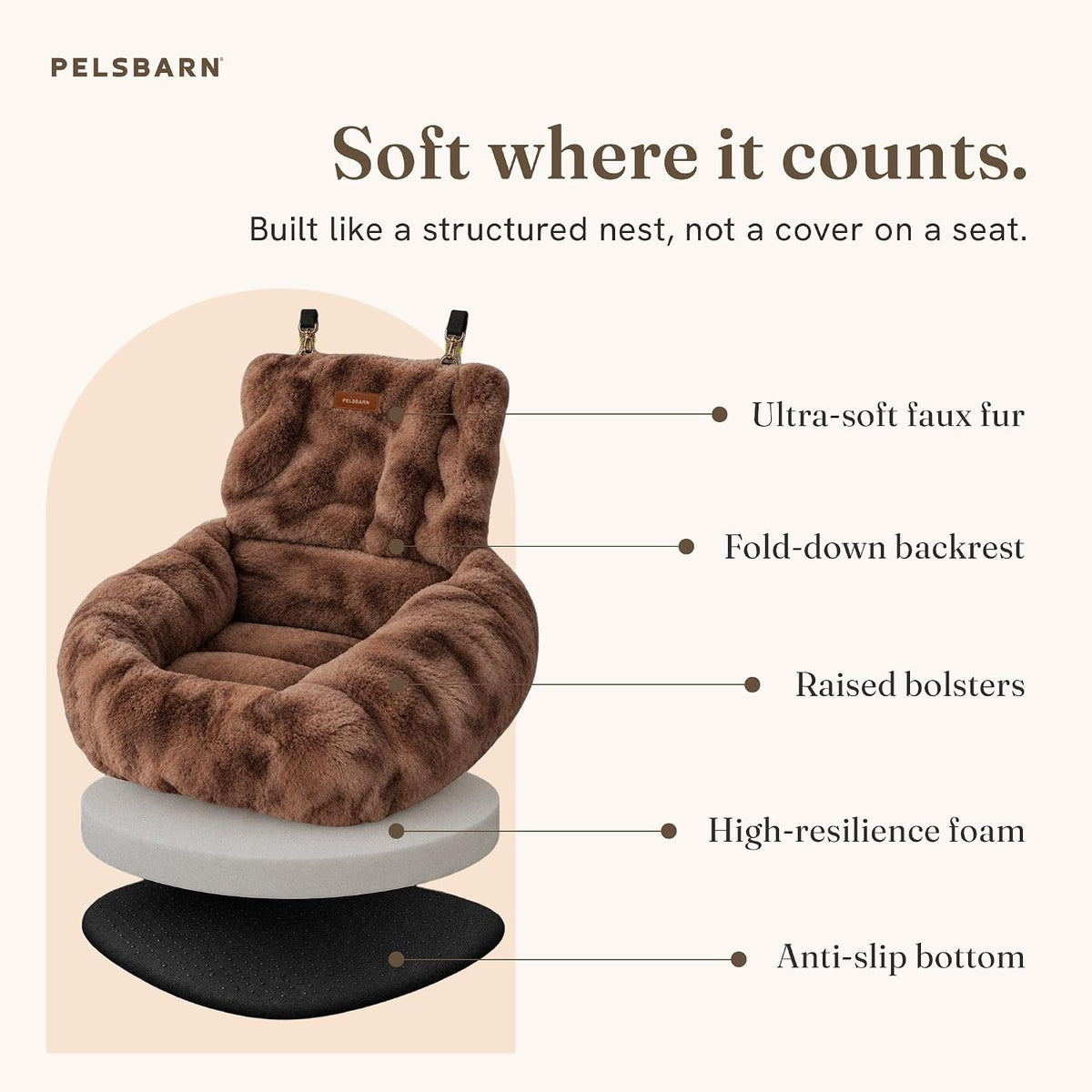 Pelsbarn Luxurious Cozy Car Dog Bed, Faux Fur Travel Bed, Brown, S