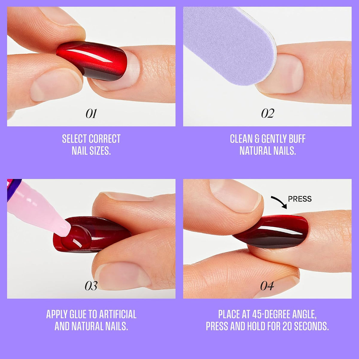 Kiss Core, Press On Nails, Nail glue included, 'Apple Blossom', Red, Medium Size, Almond Shape, Includes 32 Nails, 2g Glue, 1 Manicure Stick, 1 Mini File