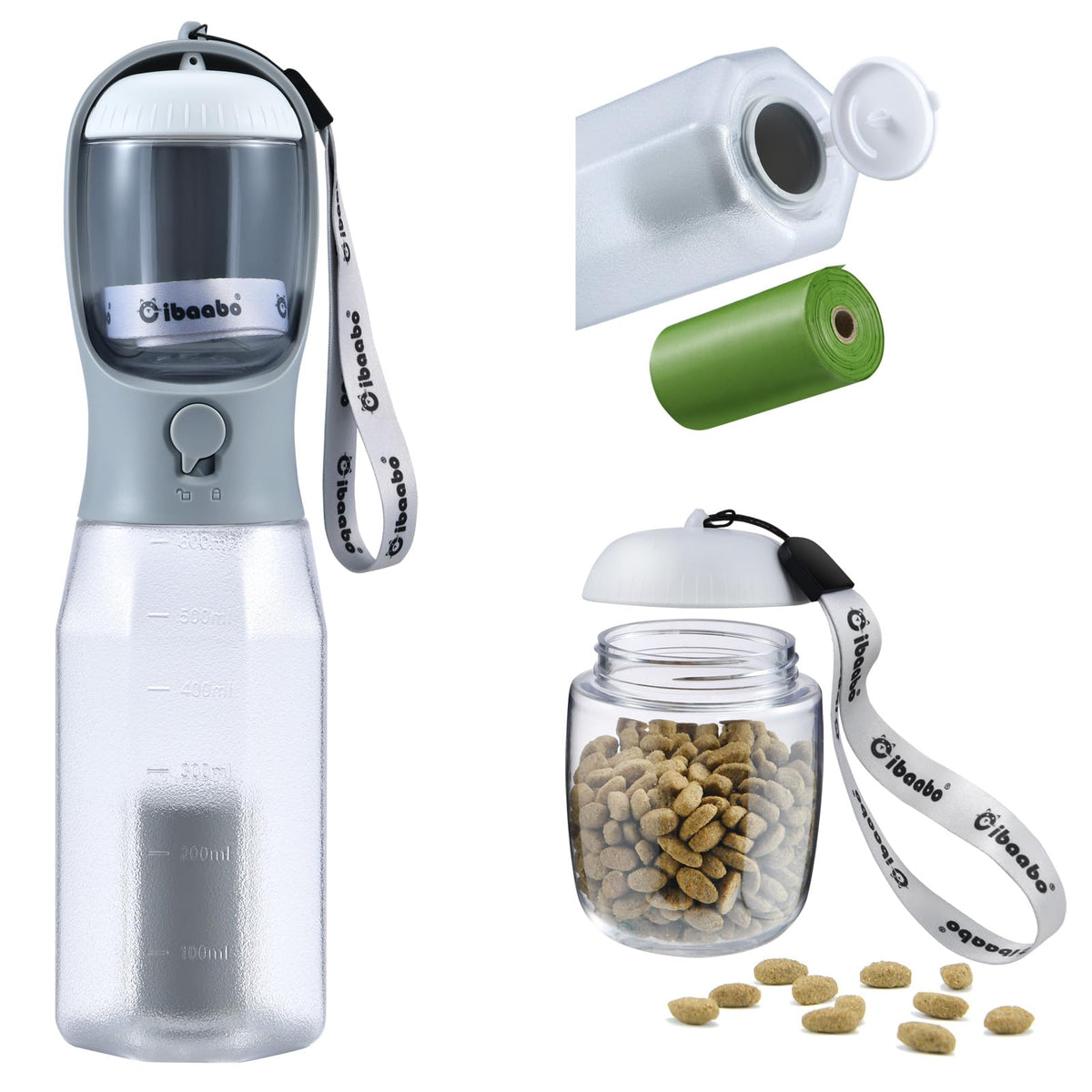 Cibaabo Dog Water Bottle with Food Container & Poop Bag Holder, Travel Water Bowl, Portable Pet Dispenser, Dog Gifts Stuff Accessories Items, Puppy Essentials for Yorkie Chihuahua Walking Hiking