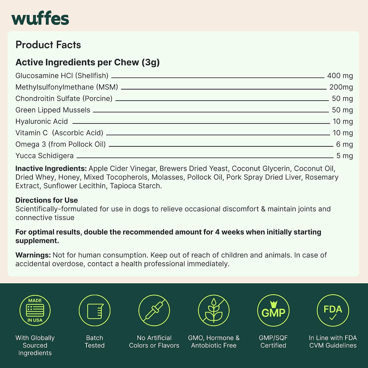 Wuffes Advanced Dog Hip and Joint Supplement with Glucosamine, Chondroitin, Omega 3, MSM, and Green Lipped Mussel, 60 Pork Flavored Chews for Small and Medium Dog Breeds