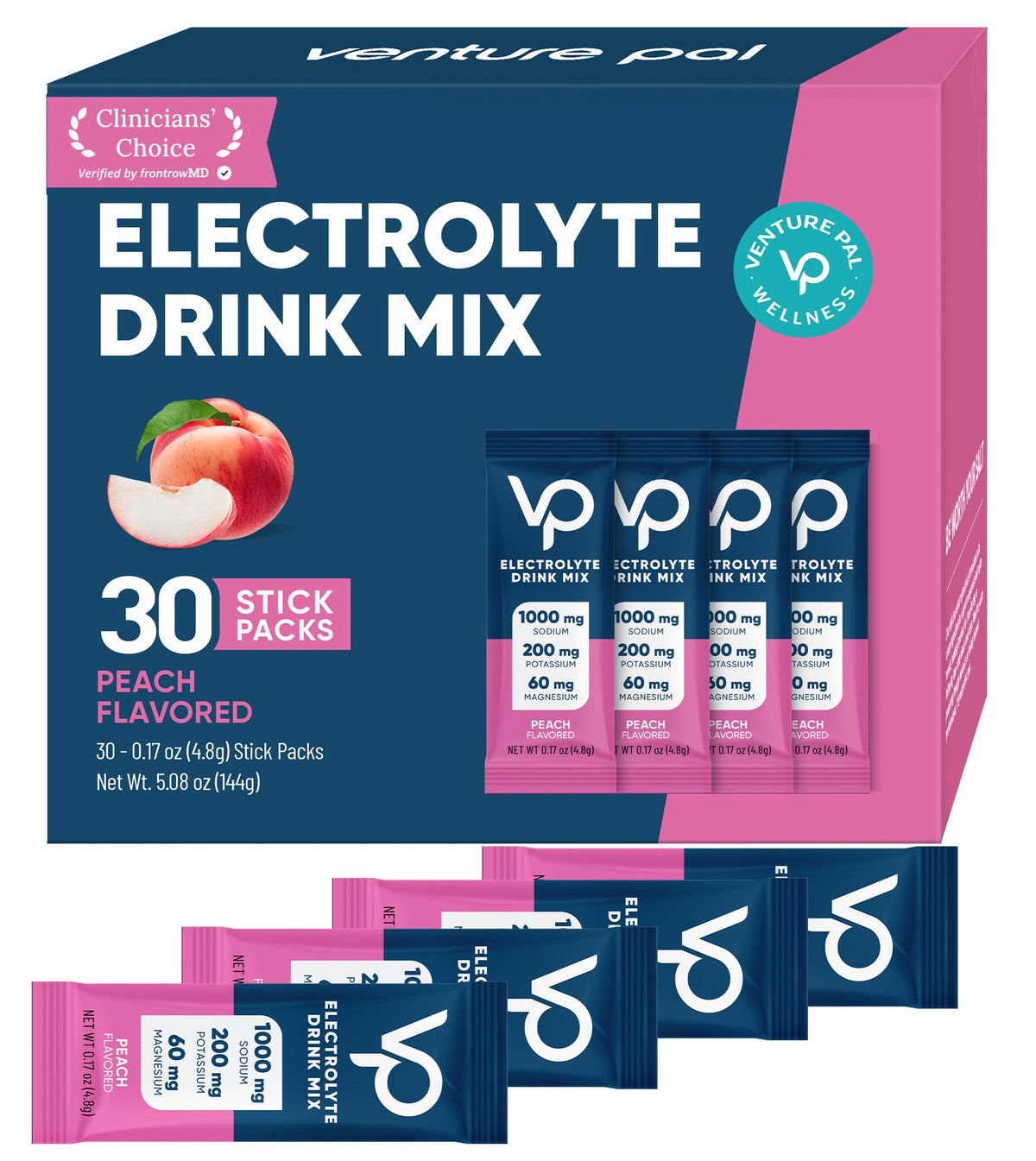 Venture Pal High Sodium Sugar-Free Electrolyte Powder Packets - Hydration Packets with Sodium, Potassium & Magnesium | Zero Calories | Keto, Vegan, and Paleo Friendly | 16 Sticks