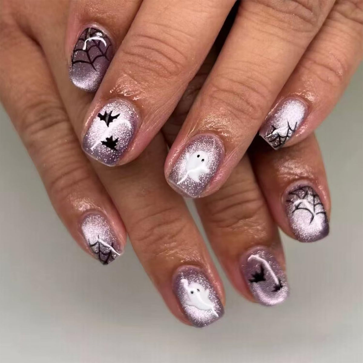 Halloween Black Press On Nails Short Oval Cute Ghost Pumpkin Fake Nails