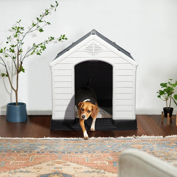 LEMBERI Durable Waterproof Plastic Dog House for Small to Large Sized Dogs, Indoor Outdoor Doghouse Puppy Shelter with Elevated Floor, Easy to Assemble (Gray, 39" L x 35" W x 37.4" H)