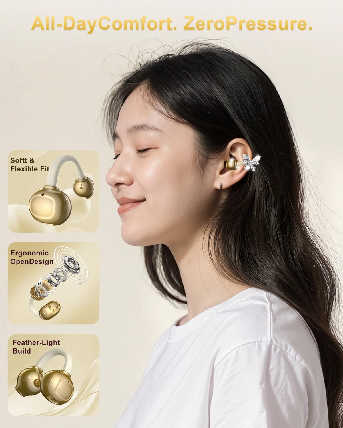 Alfu Clip On Earbuds with Detachable Butterfly Earrings, Open Ear Earbuds