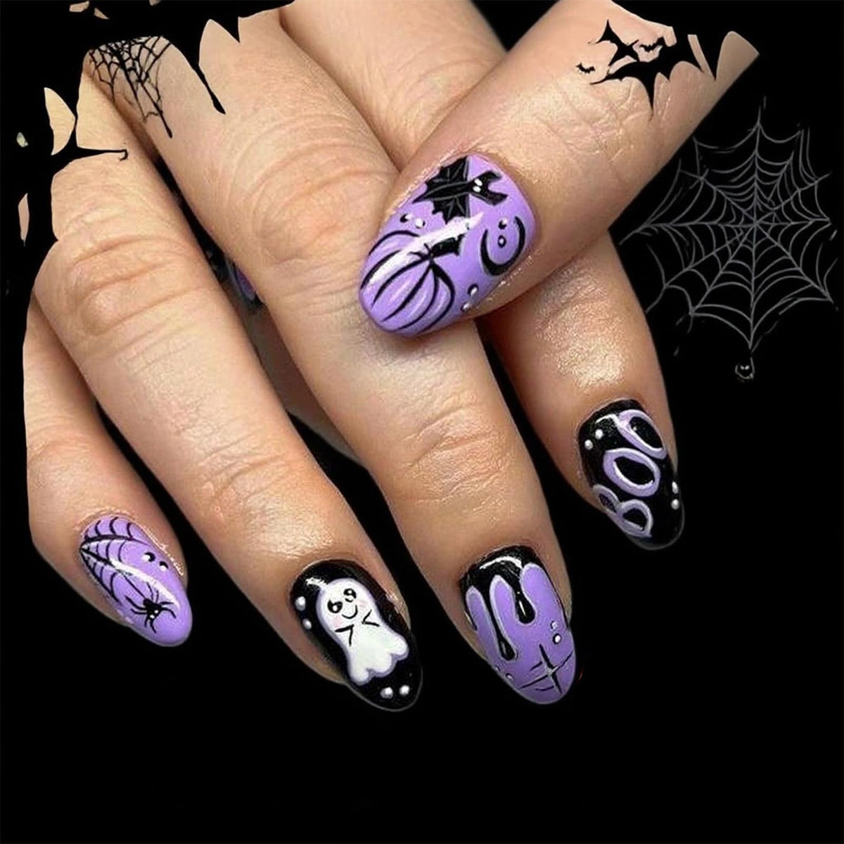 48Pcs Halloween Press on Nails Ghost Stick on Fingernails Monster Short Square False Nails Glossy Black Spider Web Acrylic Fake Nail Skull Gel Glue on Nail for Coquette Women Girls