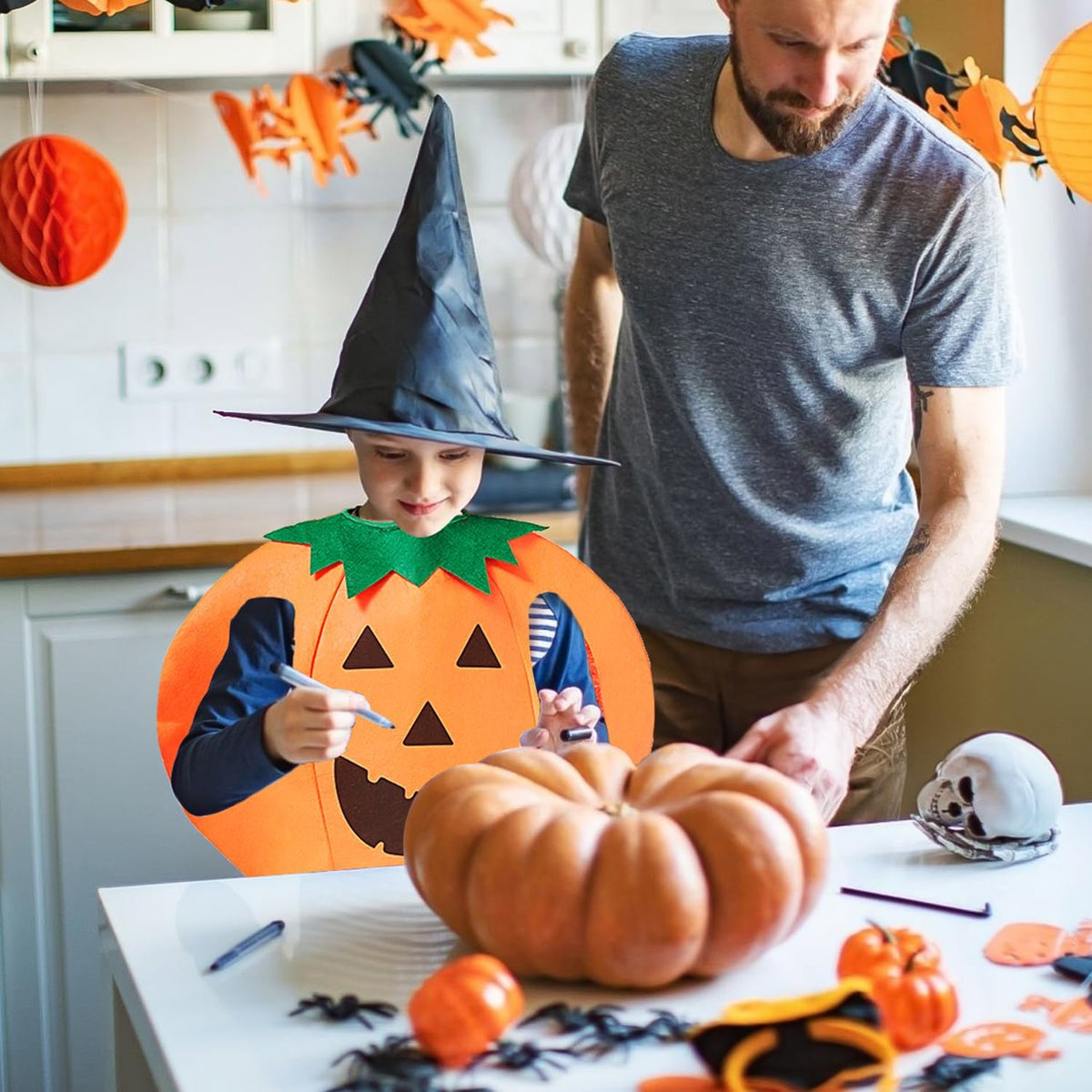 Halloween Pumpkin Costume for Kids 3PCS Set with Hat and Bag