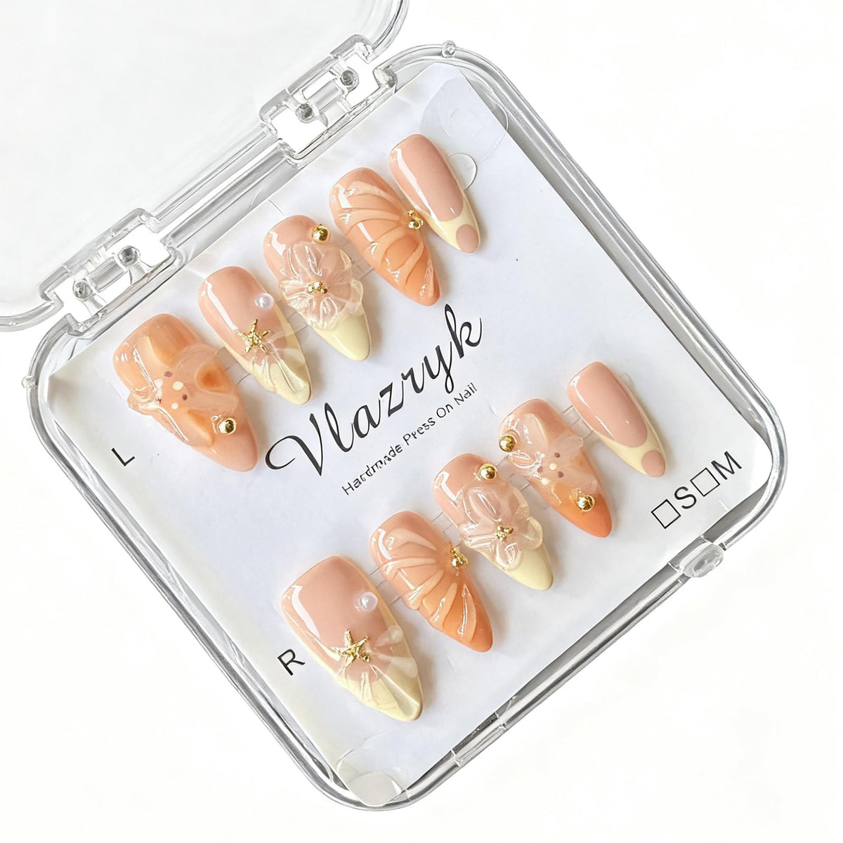 Luxury Handmade Press on Nails - Long Square White French Tips Press on Nail with Almond 3D Rhinestones, Flowers & Butterflies, Acrylic Multi-Layer Gel False Nails for Women (10Pcs Size M)