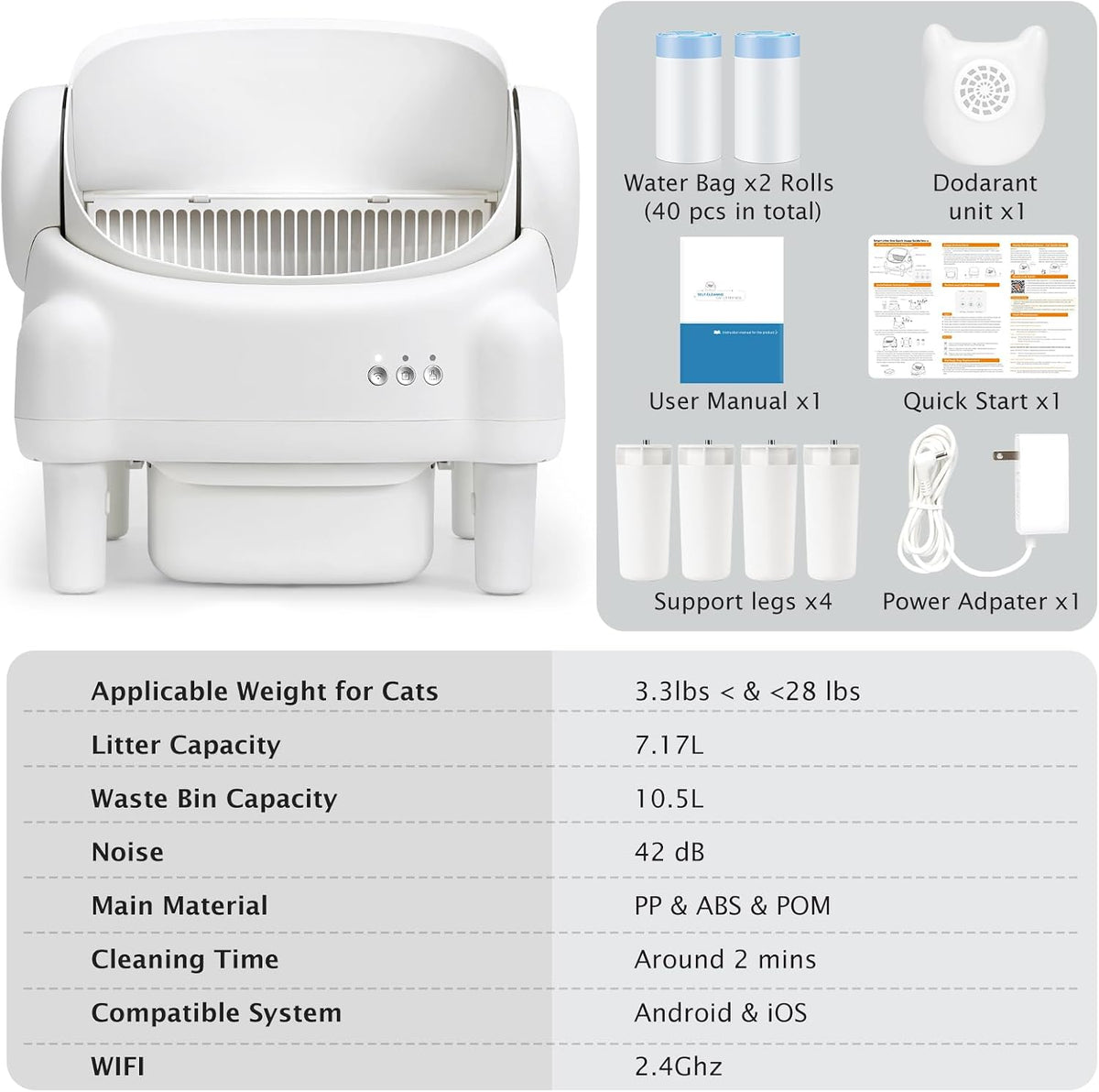 PARUUNTYS Self Cleaning Litter Box,Open Top Automatic Litter Box with App Control for Multiple Cats, Safety Sensors Protection, Odor Control Includes 2 roll Liners,Large Waste Bin, Cream White