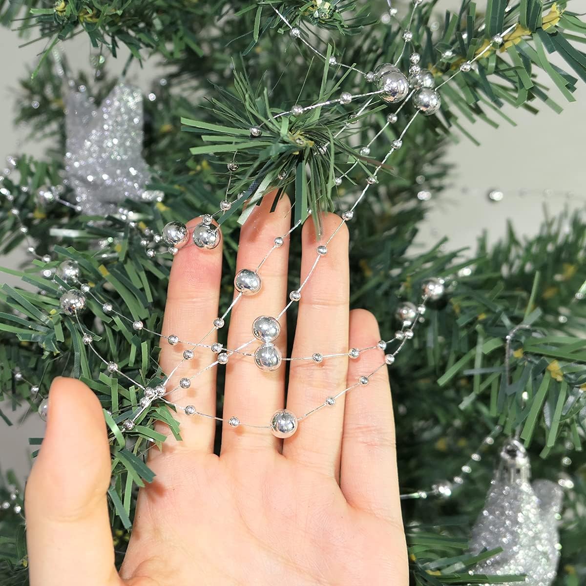 HADDIY Christmas Silvery Tree Beads Garland Decoration,66 Feet Pearl Strands Chain for Christmas Tree Decor,Crafts and Holiday Décor