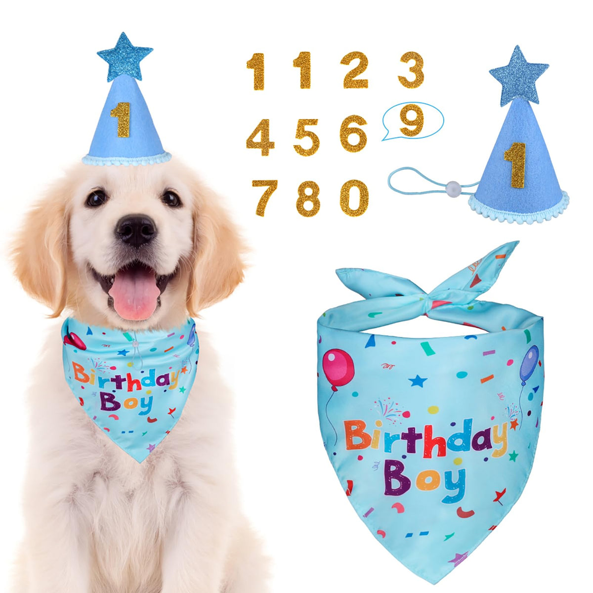 Dog Birthday Party Supplies, Dog Birthday Bandana Set, Dog Boy Girl Birthday Party Hat with Numbers for Large Medium Small Dogs Pet (Blue)