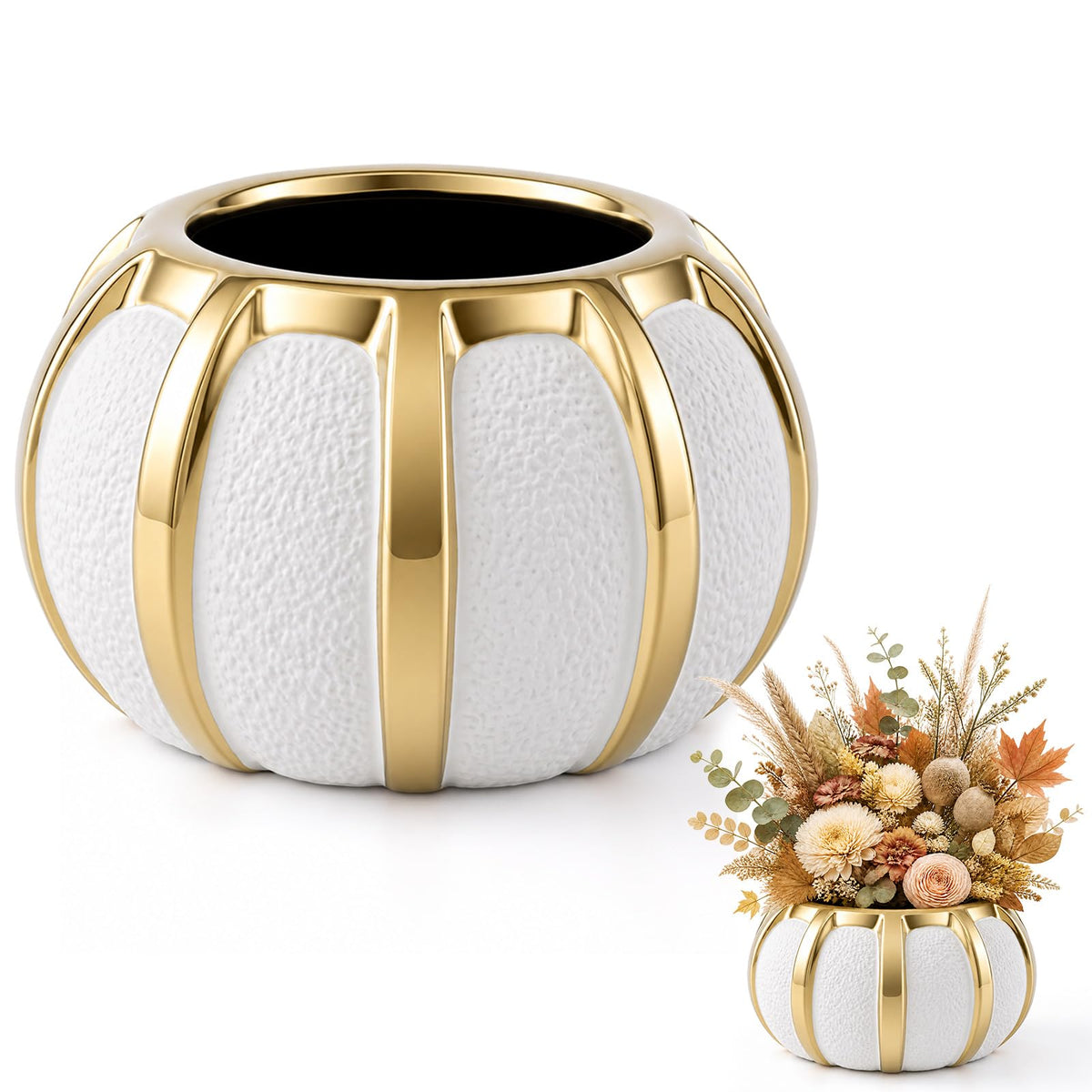Beeveer 6.7 Inch Ceramic Pumpkin Vase, Large White Pumpkin Utensil Holder