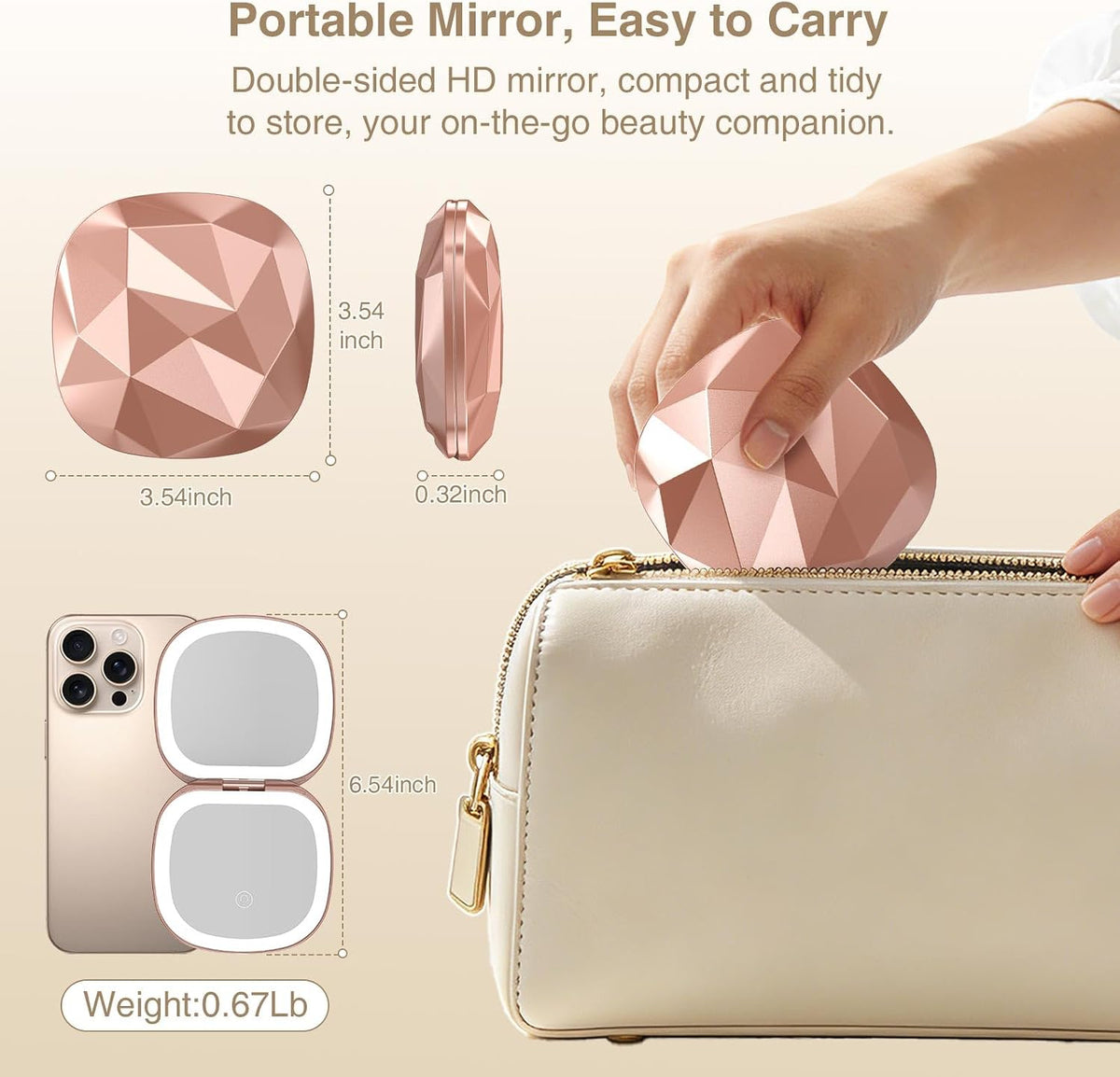 Travel Makeup Mirror with Light, 10X/1X Magnifying Compact Mirror for Purse, Portable Double Sided Folding Pocket Size, Dimmable LED & USB Rechargeable(Rose Gold)