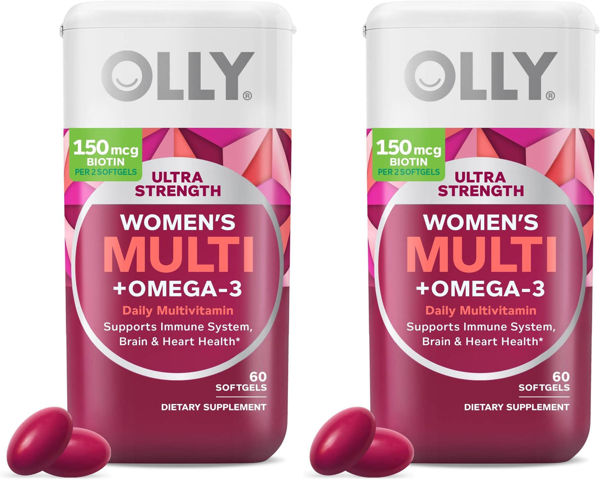 OLLY Ultra Strength Women's Multi Softgels, Overall Health and Immune Support, Omega-3s, Iron, Vitamins A, D, C, E, B12, Daily Multivitamin, 30 Day Supply - 60 Count