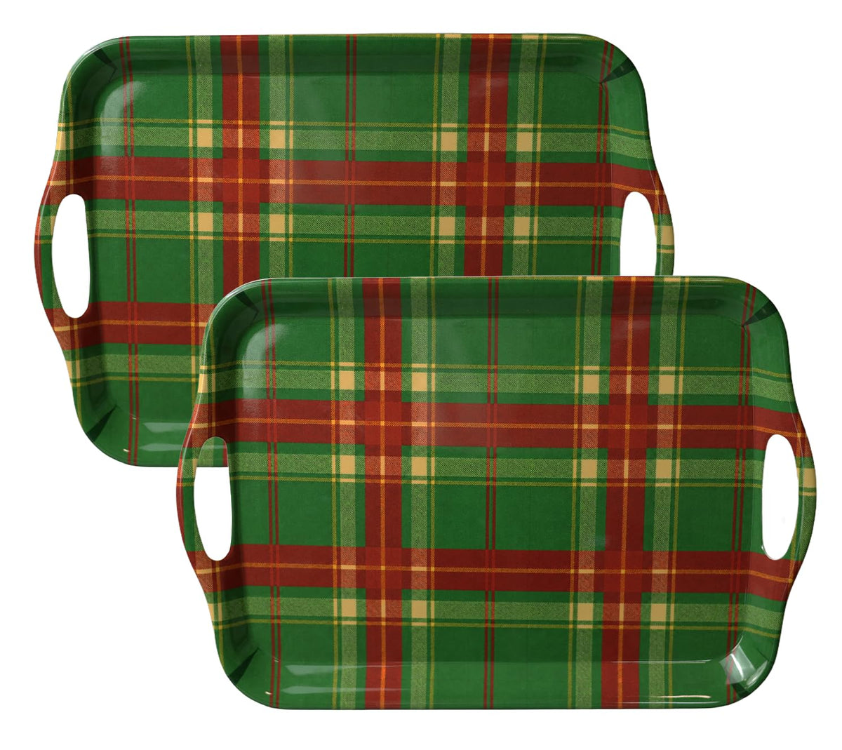 Thanksgiving Serving Trays with Handles, 19 x 11.6 Inch, Set of 2, Bamboo Fiber Serving Platter, Dishwasher Safe, with Removable Silicone Mats, Turkey and Fall Plaid