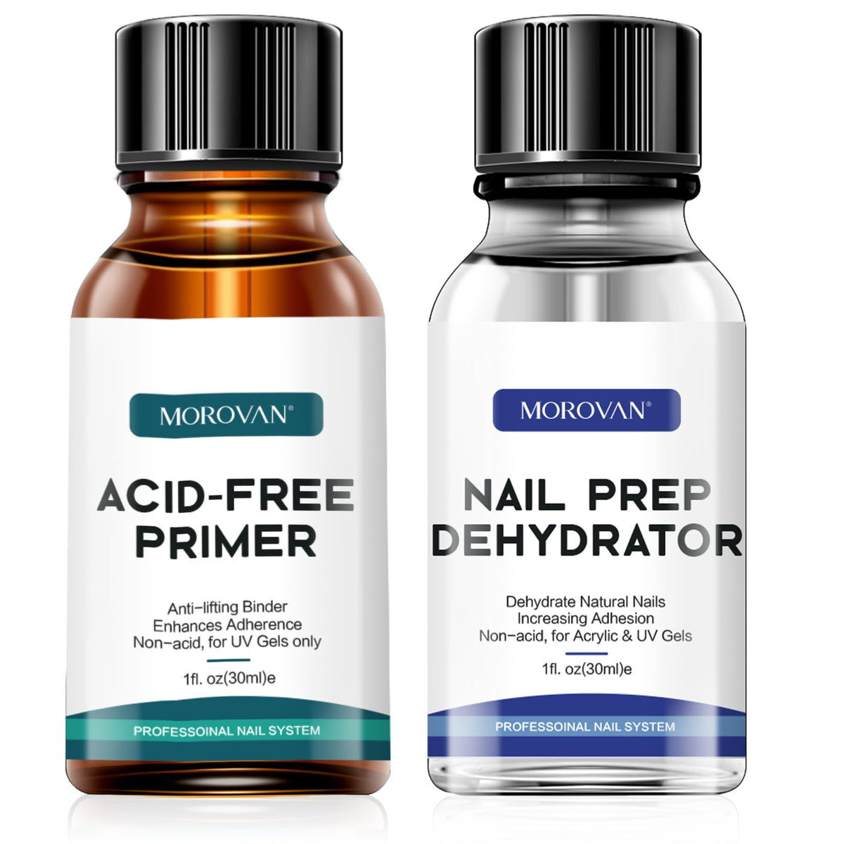 Morovan Professional Natural Nail Prep Dehydrate and Acid-Free Primer, Dehydrator for Acrylic and Gel Nail Polish, Non Acid Primer for UV Gels Fast Dry Superior Bonding Agent Gift Box Set