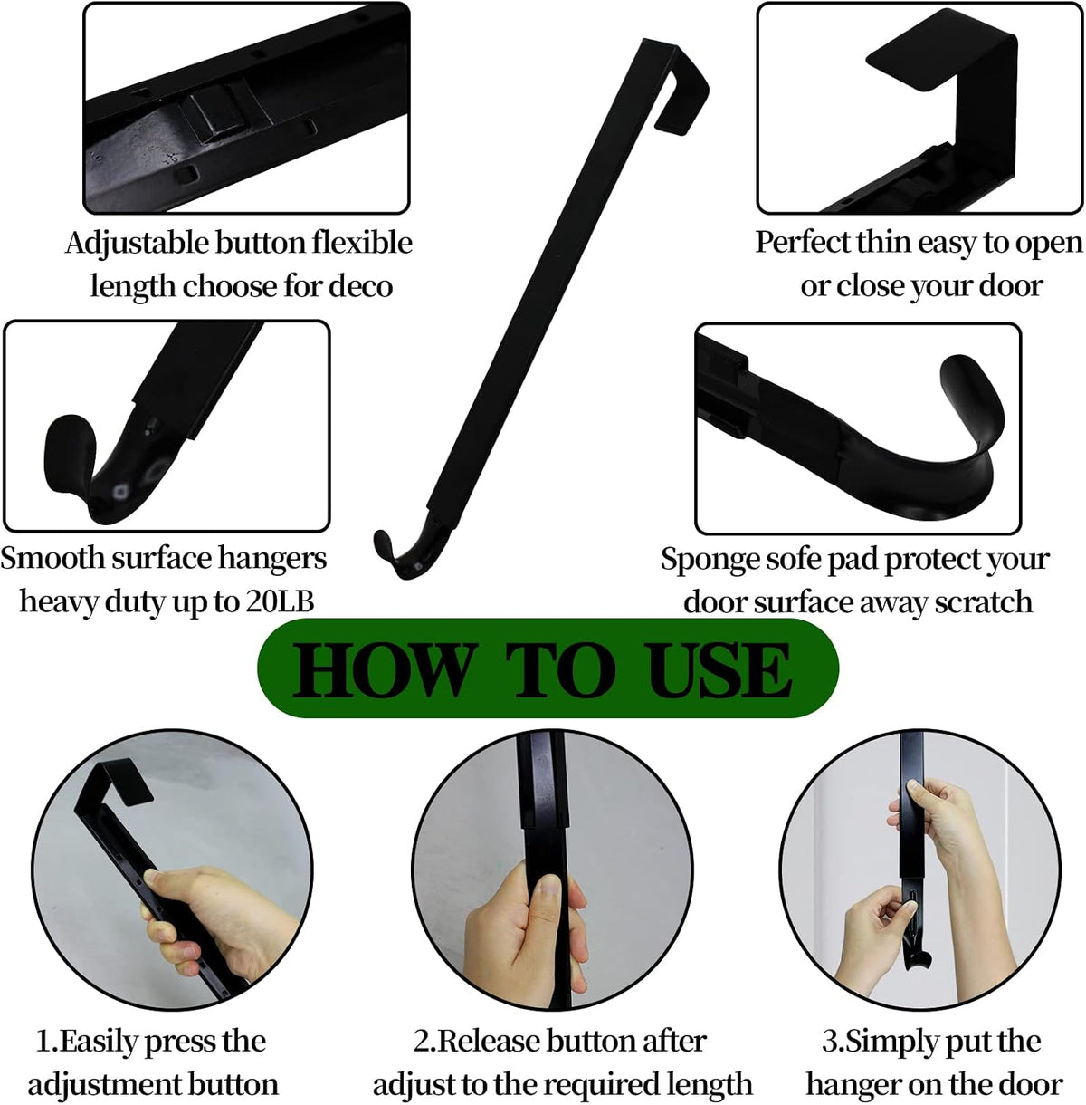 GP Life Wreath Hanger for Front Door, Adjustable from 15 to 25 Inches Hanger, 20 lbs Larger Door Upgrade Christmas Fall Wreaths Decorations Hook (Black)