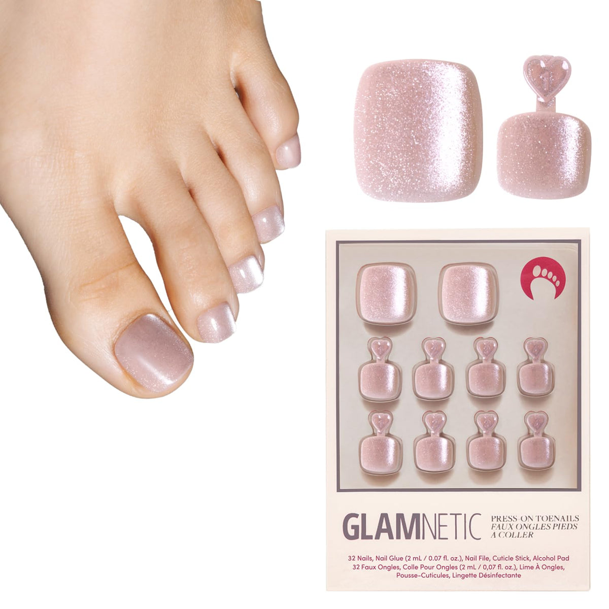 Glamnetic Press On Toenails - Natural Fake Nails | Cherry Red Chrome Press On Toenails, Salon Quality Press On Nails Kit with Glue | Cherry Glaze - 32 Nail Set in 16 Sizes