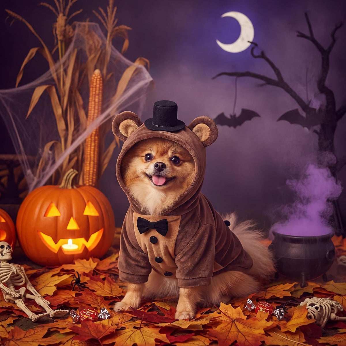 Huhumy Halloween Dogs Bear Costume for Pets with Black Top Hat Bow Tie, L
