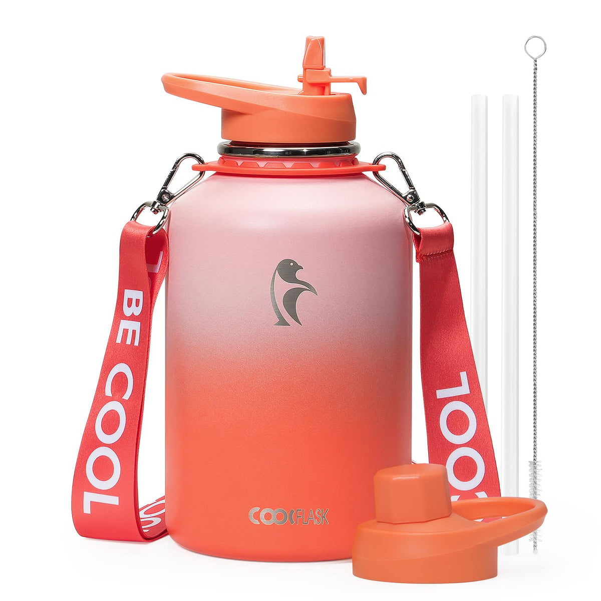 Coolflask Water Bottle with Straw, 40 oz Insulated Metal Water Flask with Straw & Spout Lids, Stainless Steel Double Wall Vacuum, Keep Cold 48h Hot 24h, Leak Proof, BPA-Free, Apricot Pink