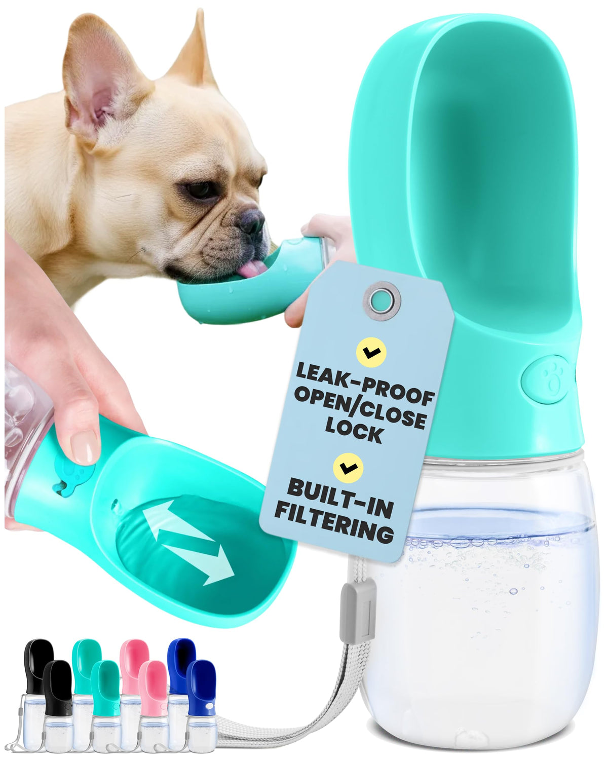 MalsiPree Leak-Proof Portable Dog Water Bottle for Travel - 19 oz, with Pink Bowl - Food Grade Plastic - Dog Bowls - Puppy Essentials - Pet Water Bottle for Trail Hiking, Park Visit & Beach Days
