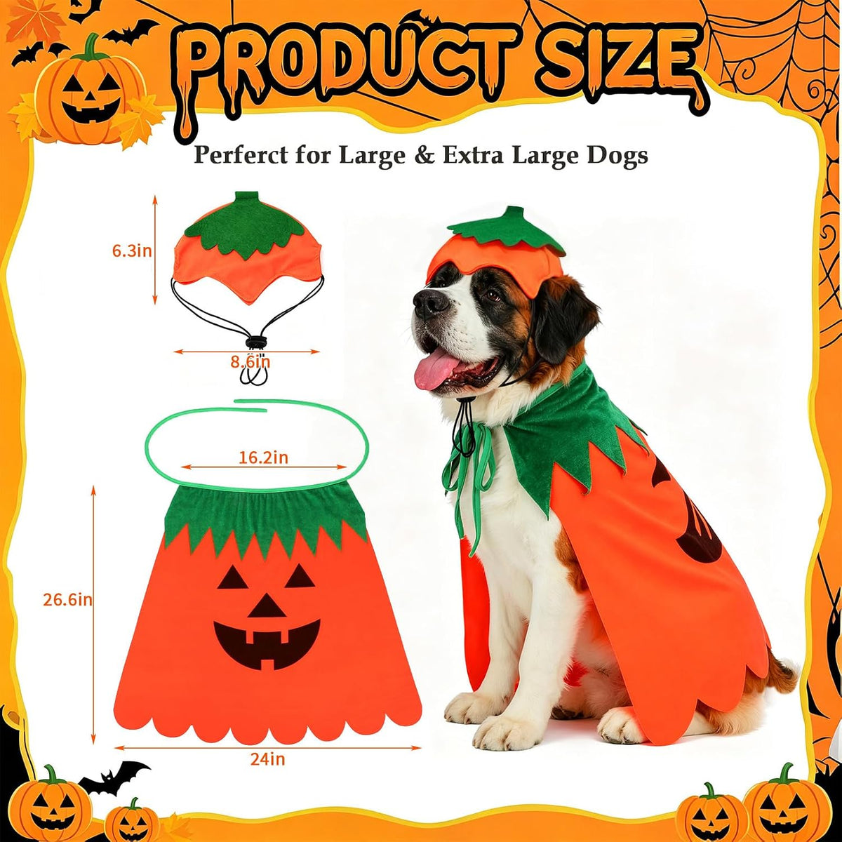 Rypet Dog Pumpkin Costume, Halloween Cape & Hat for Large X-Large Dogs, XL