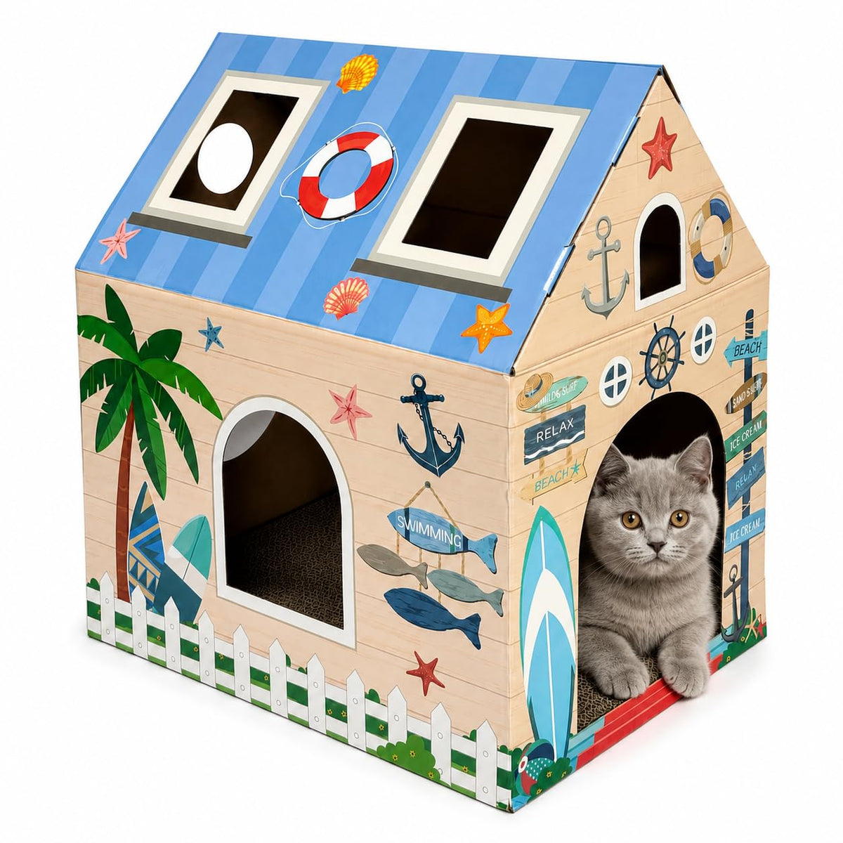Cinrobiye Cardboard Cat House with Scratcher, Gothic Halloween Cat Scratcher Box with 2 Corrugated Scratch Pads, Open Top Indoor Cat Hideaway Bed for Cats and Kittens