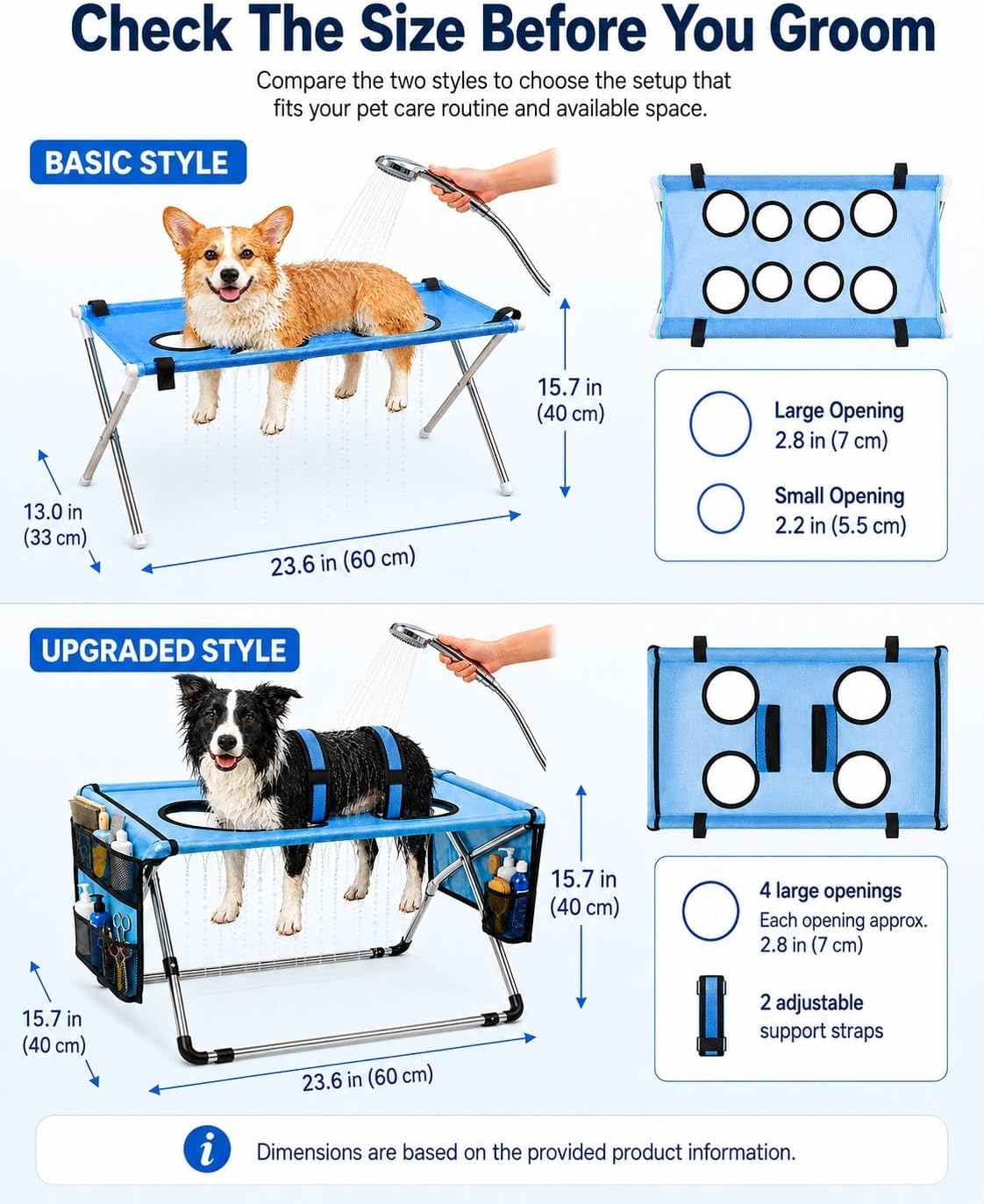 Dog Grooming Hammock Stand, Foldable Dog Bath Holder Sling Shower Chair | Heavy-Duty Pet Bath Stool for Small & Medium Dogs, Home Salon Grooming, Washable Mesh, Joint Support & Restraint(Blue,Base)
