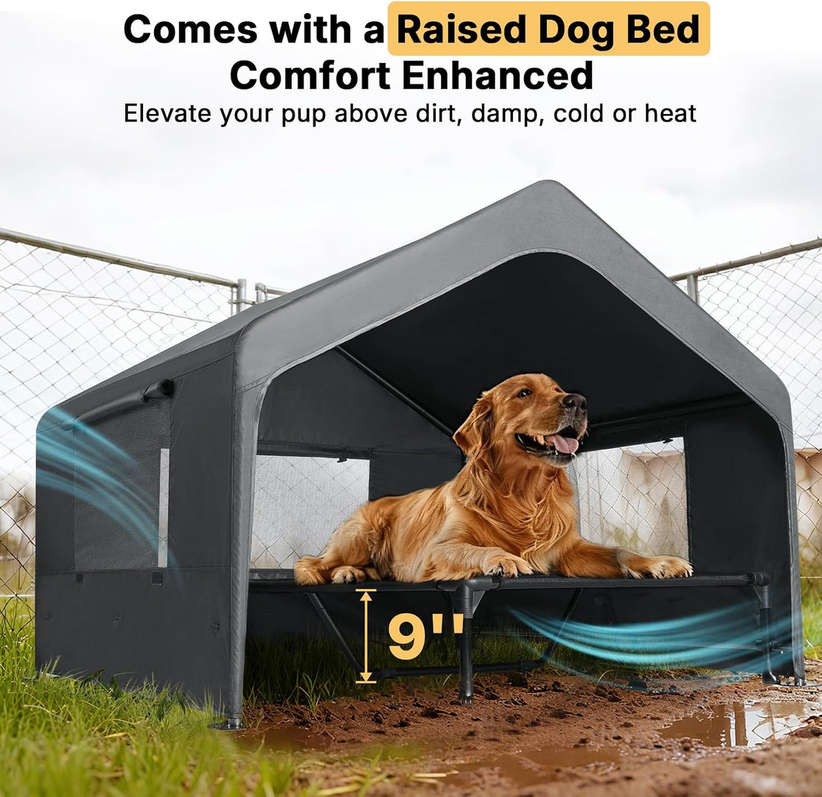 Veehoo Extra Large Dog House Outdoor Includes Elevated Dog Bed-Weatherproof | Waterproof Outside Dog Tent 4.1' x 4.1' x 3.3', Dog Shade Shelter and Raised Bed Combo for Pets or Stray Animals, Grey