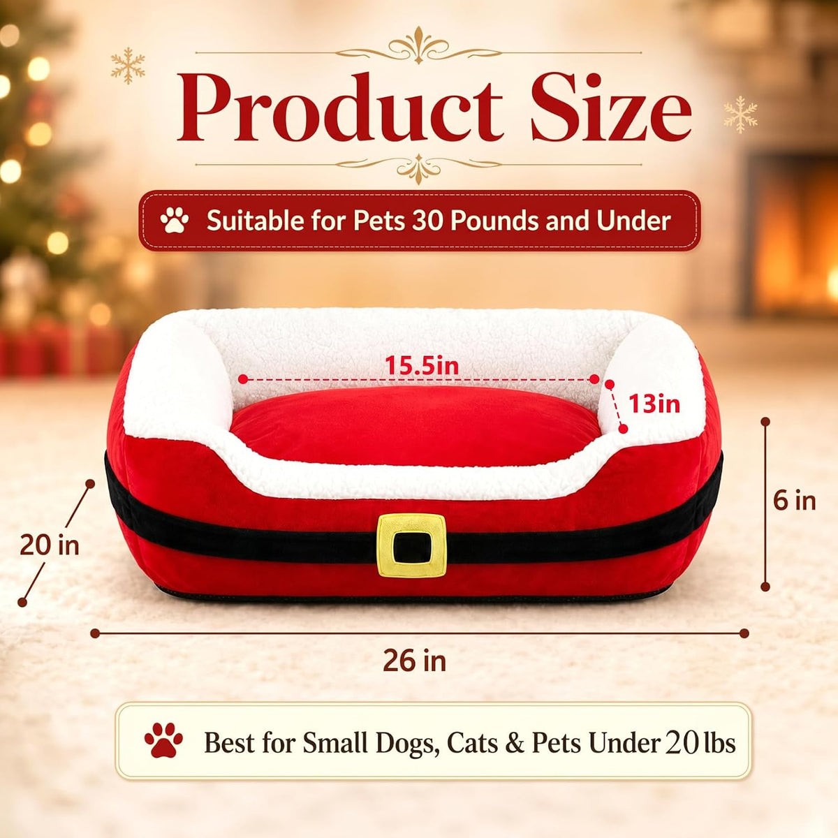 Jetec 26" Christmas Dog Bed, Santa Belt Small Pet Bed for Dogs Cats