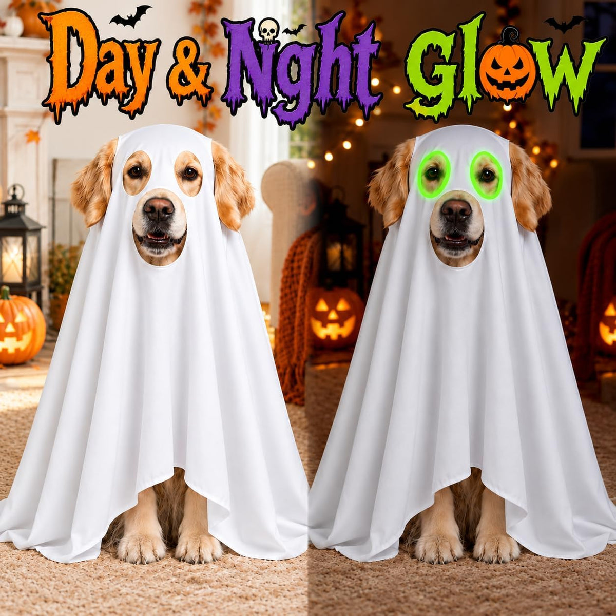 Halloween Ghost Dog Costume Glow Eyes Breathable Outfit for Medium Dogs
