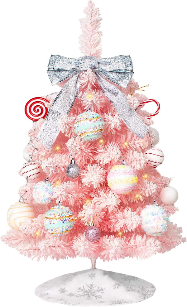 Mini Pink Christmas Tree with Lights, 2 Ft Small Table Top Christmas Tree