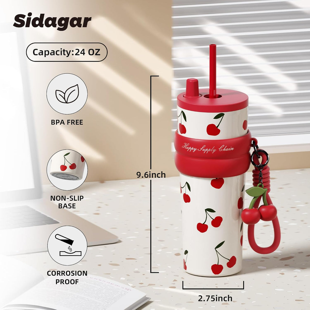 SDGA+ 24 oz Stainless Steel Tumbler with Lid and Straw, Insulated Water Bottle Leak Proof for Hot and Cold, Portable Travel Coffee Mug, Reusable Coffee Cup for Women, Cherry