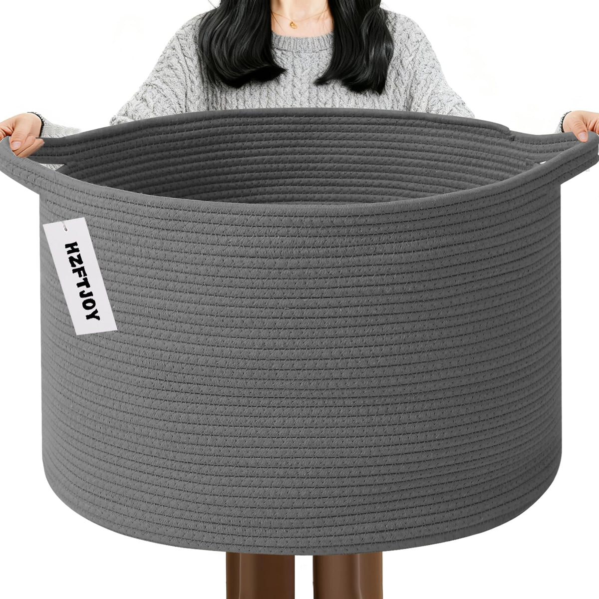 Large Woven Blanket Basket,65L Cotton Rope Laundry Basket Hamper with Handles, Decorative Nursery Basket Storage Bin for Toys, Clothes Organizer, Living Room, Bedroom, Bathroom, White & Brown