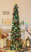 HMASYO 6 FT Pop Up Christmas Tree with 100 LED Timer Lights & Remote, Green Christmas Tinsel Tree, Collapsible Artificial Pencil Tree for Home Office Party Decor, USB Powered, Easy Assembly
