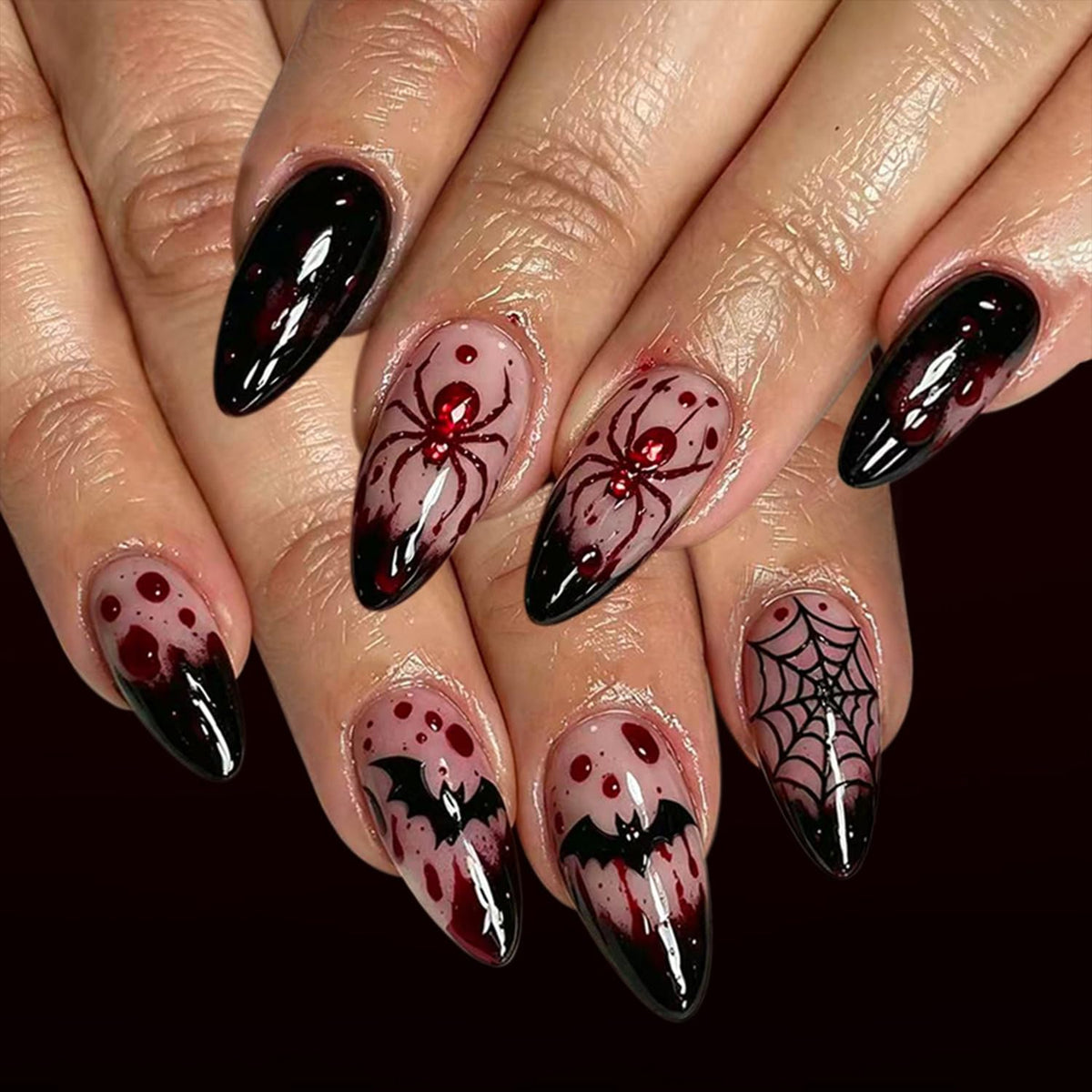 Halloween Black Press On Nails Short Oval Cute Ghost Pumpkin Fake Nails